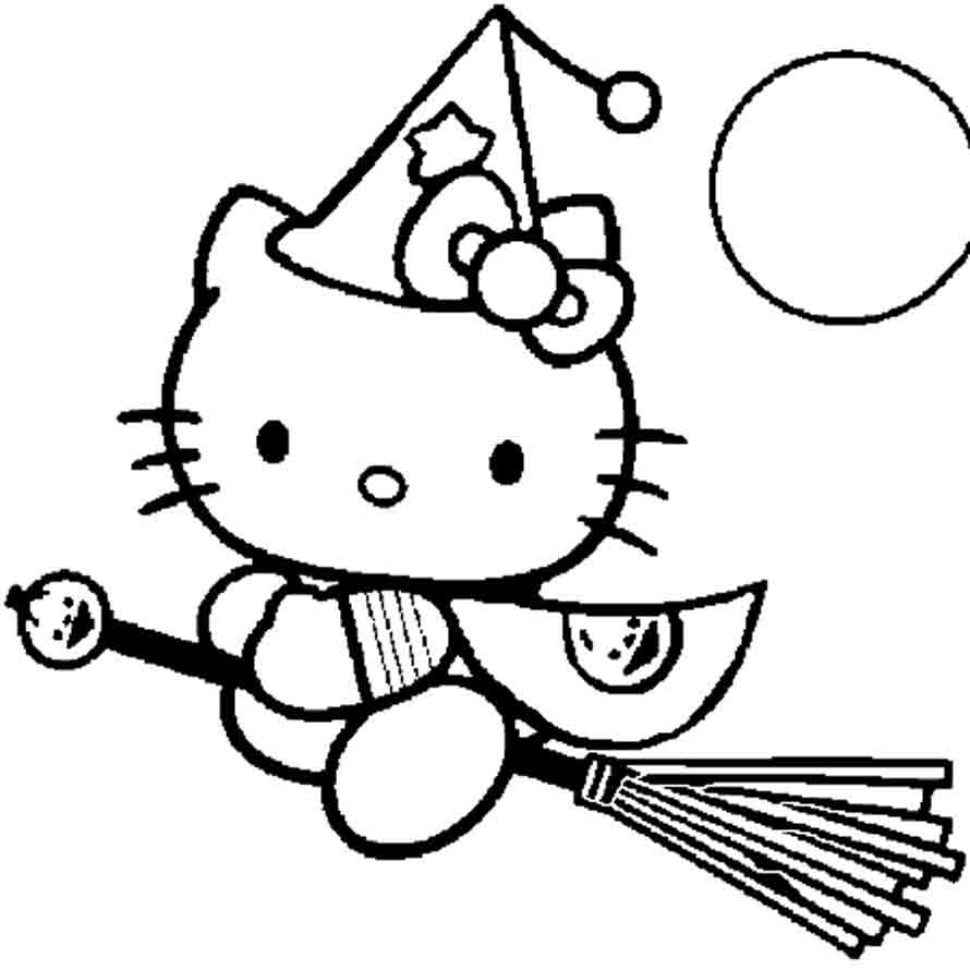 Hello Kitty flying on a witch's broom coloring page