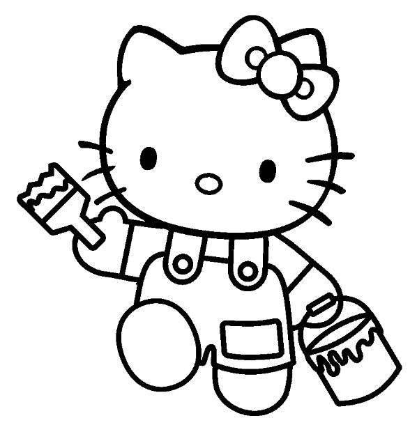 Hello Kitty holding a paintbrush and paint pot coloring page