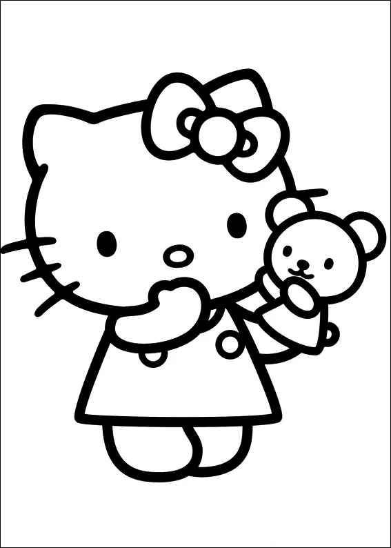 Hello Kitty holding her teddy bear coloring page