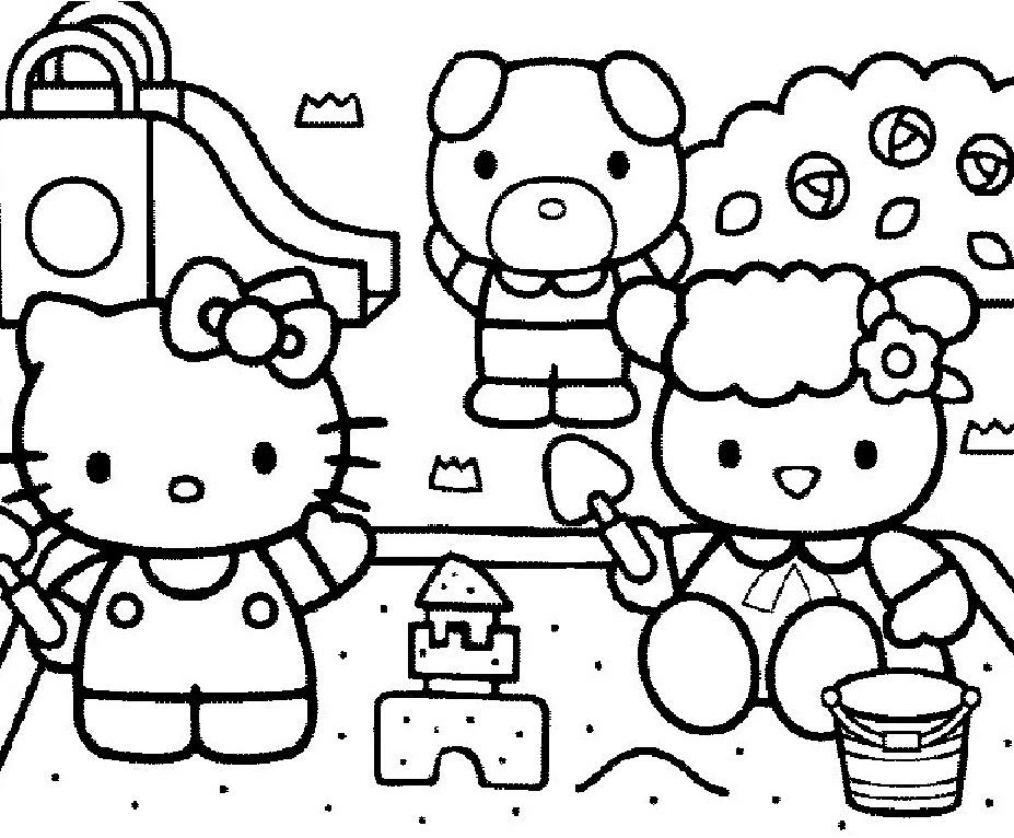 Hello Kitty playing in the sandbox with friends coloring page
