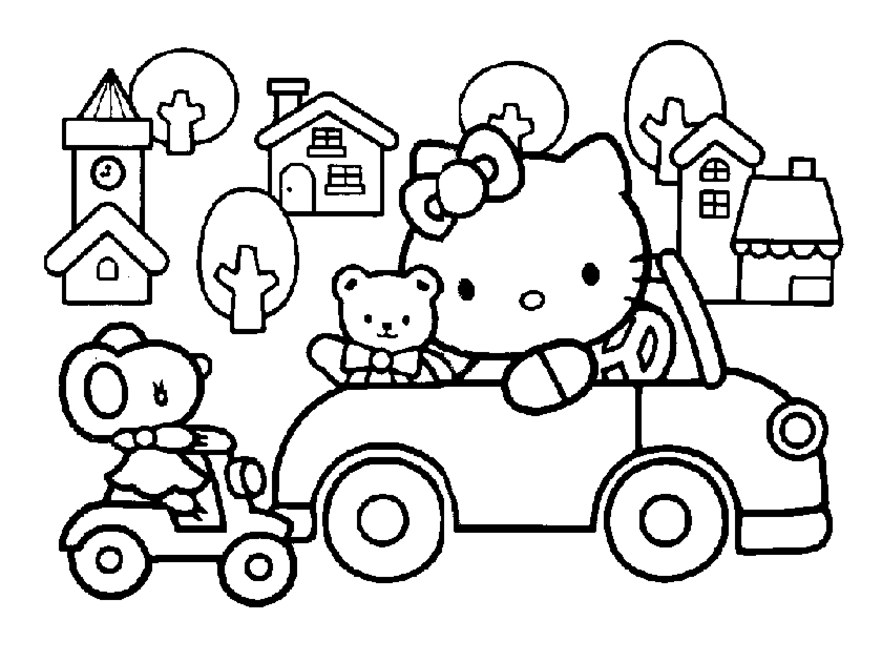 Hello Kitty driving a car with her teddy bear coloring page Hello Kitty driving a car with her teddy bear coloring page