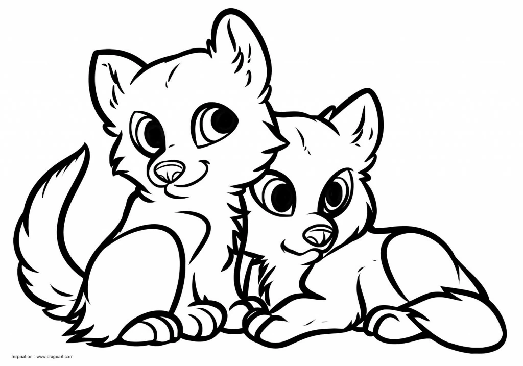 Two manga wolf cubs sitting together coloring page