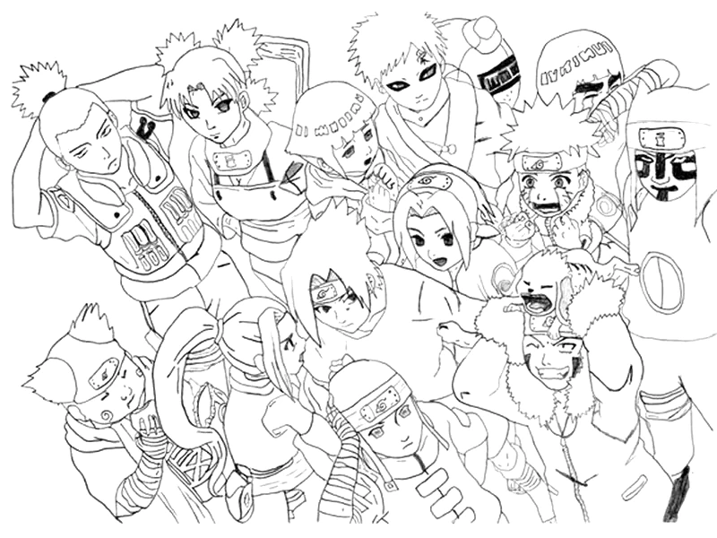 Naruto and friends gathered together coloring page