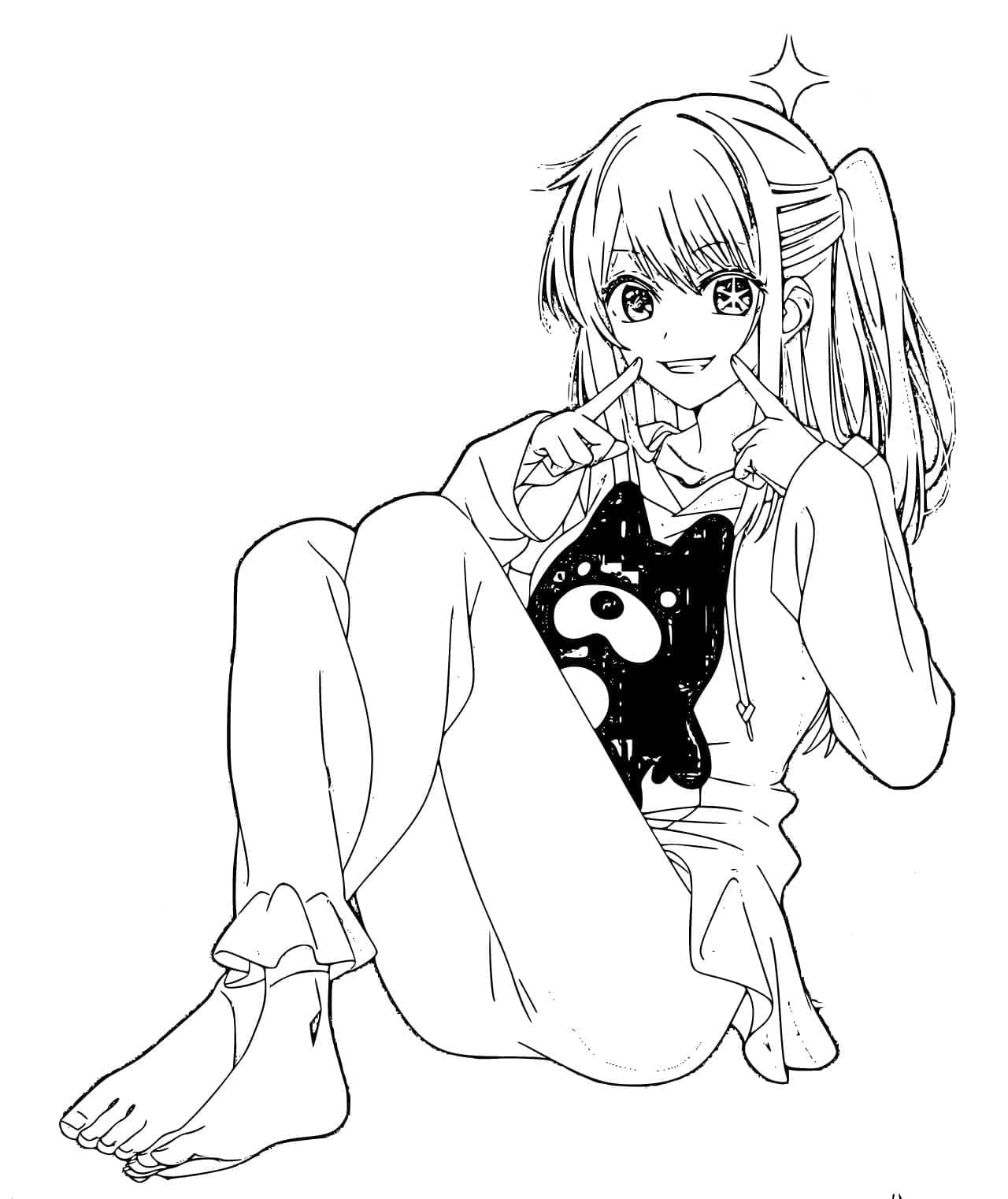 Ruby Hoshino sitting with a starry smile coloring page