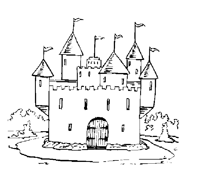 Castle with six towers and flags coloring page Castle with six towers and flags coloring page