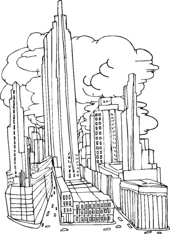 Skyline of tall skyscrapers with clouds coloring page