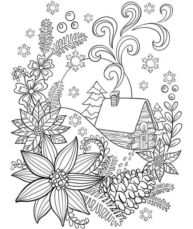 Cottage in the snow surrounded by winter flowers coloring page