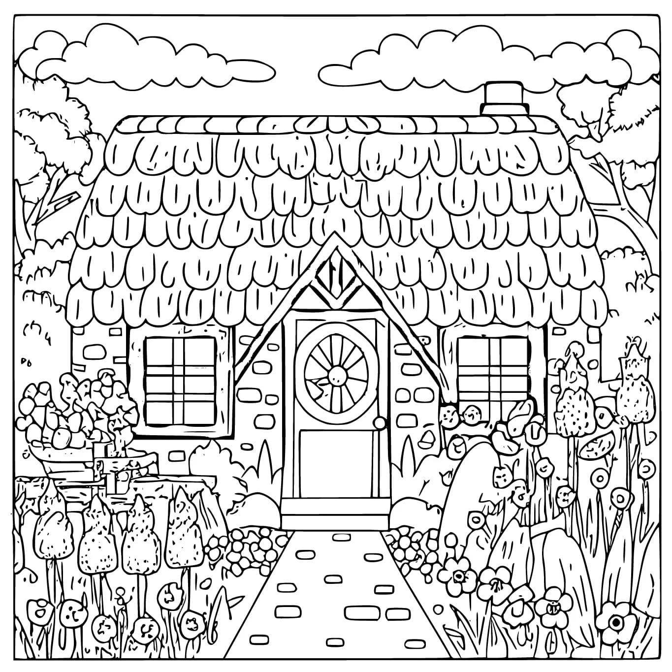 Cottage with thatched roof and flower garden coloring page Cottage with thatched roof and flower garden coloring page