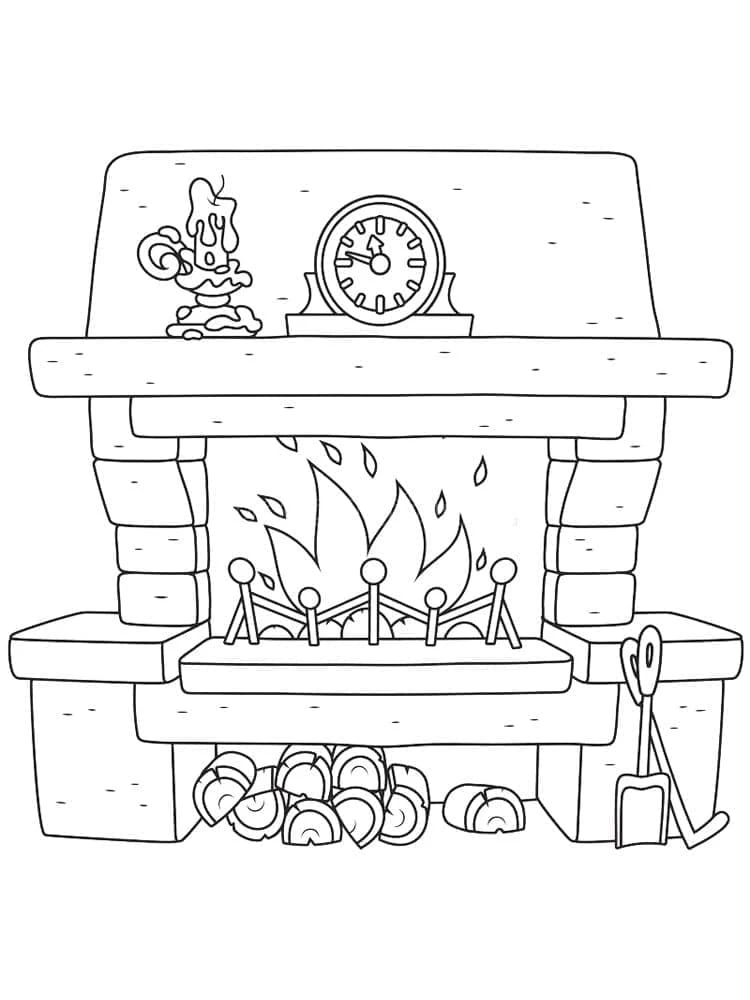 Fireplace with clock and burning logs coloring page Fireplace with clock and burning logs coloring page