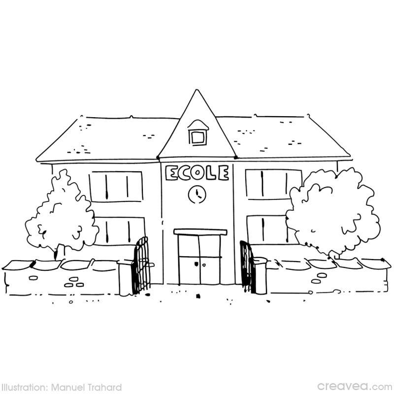 School building with front gate and trees coloring page School building with front gate and trees coloring page