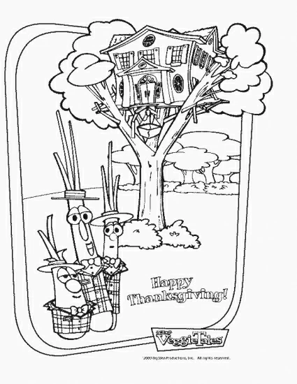 Tree house with VeggieTales friends celebrating Thanksgiving coloring page Tree house with VeggieTales friends celebrating Thanksgiving coloring page