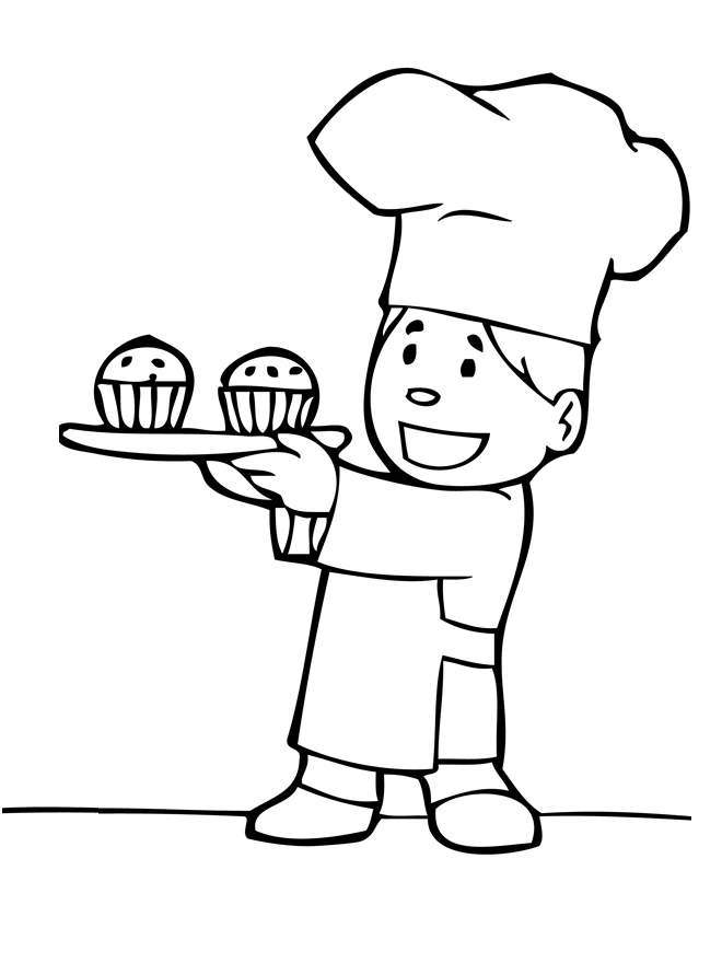 Baker presenting a tray of cupcakes coloring page