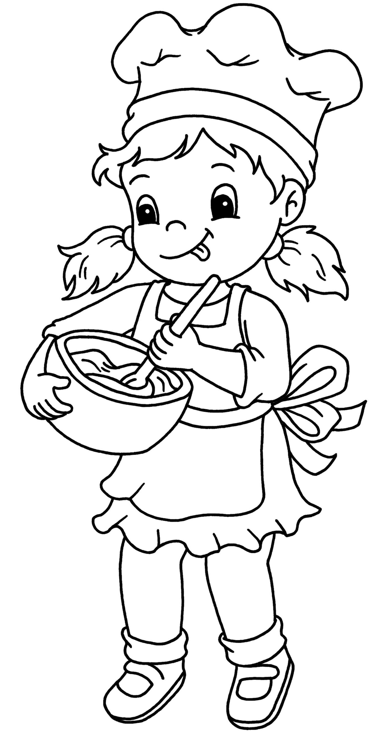 Little girl baker mixing batter in a bowl coloring page Little girl baker mixing batter in a bowl coloring page