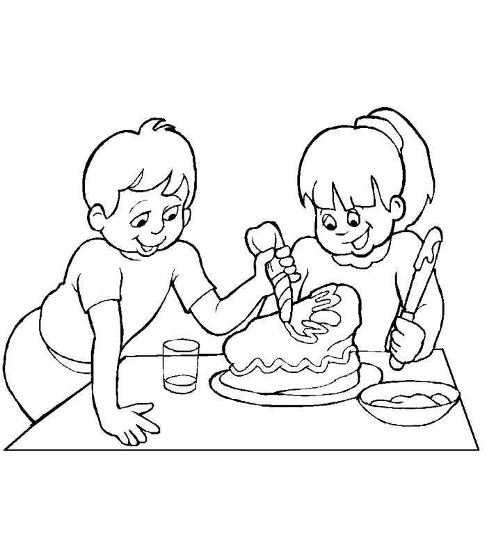 Children decorating a cake with icing coloring page