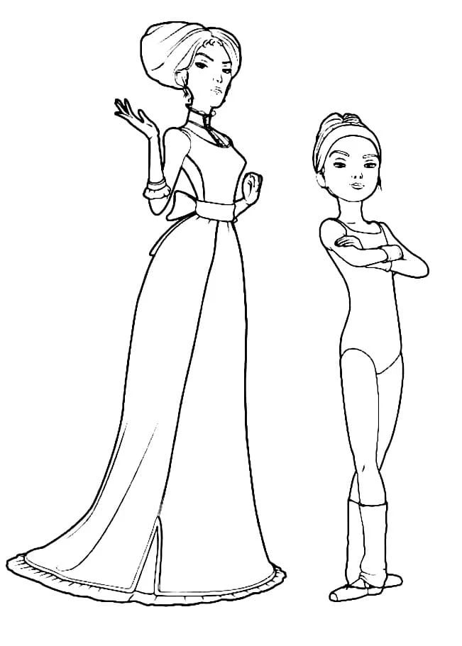Ballerina and elegant woman standing together coloring page