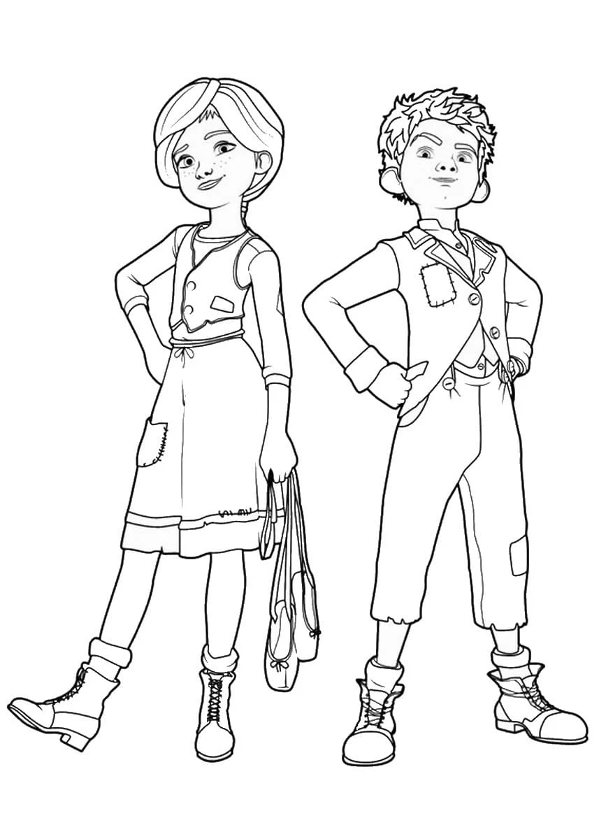 Félicie and Victor standing side by side coloring page