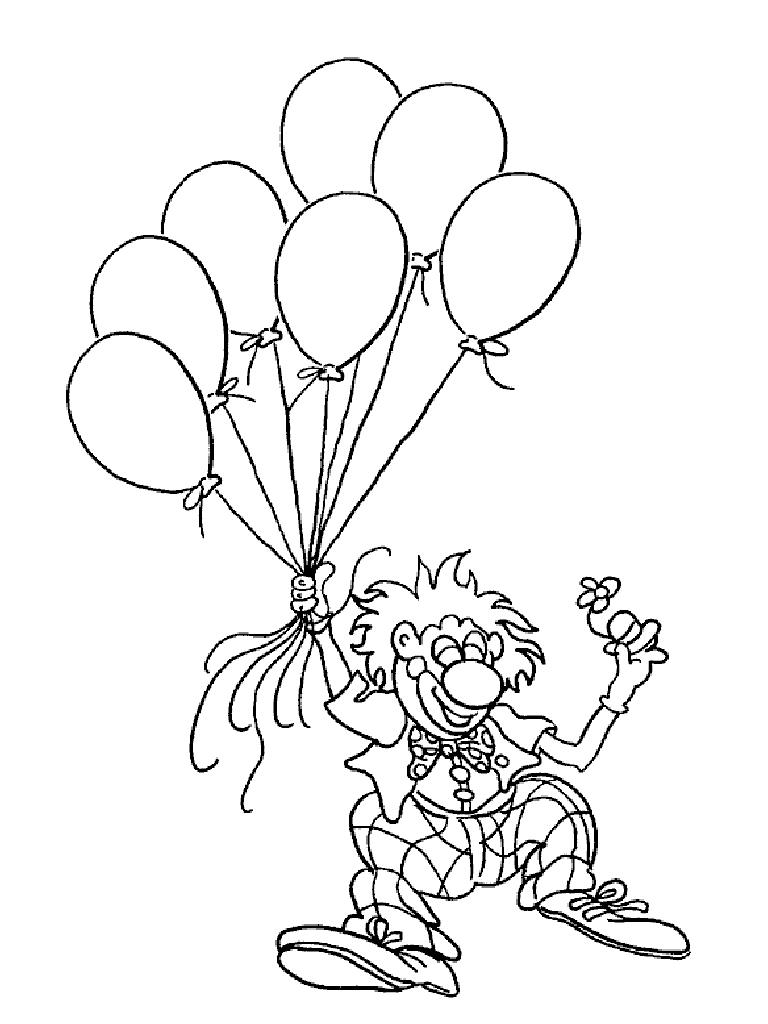 Clown holding a bunch of balloons coloring page