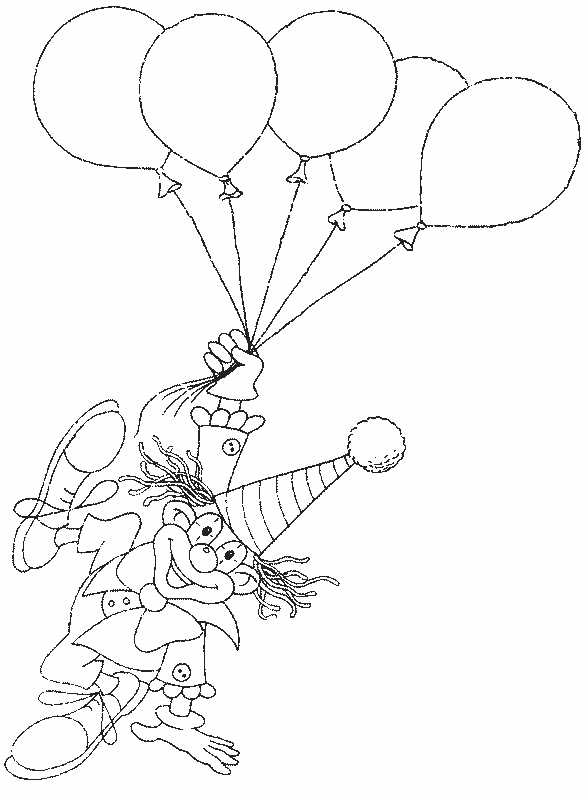 Clown flying with a bunch of balloons coloring page