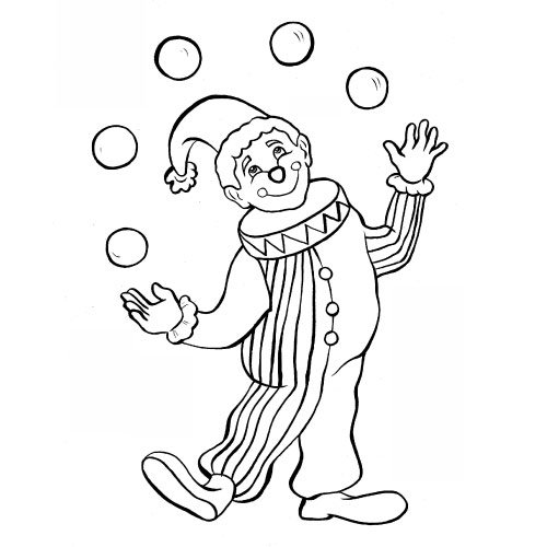 Clown on one leg juggling five balls coloring page