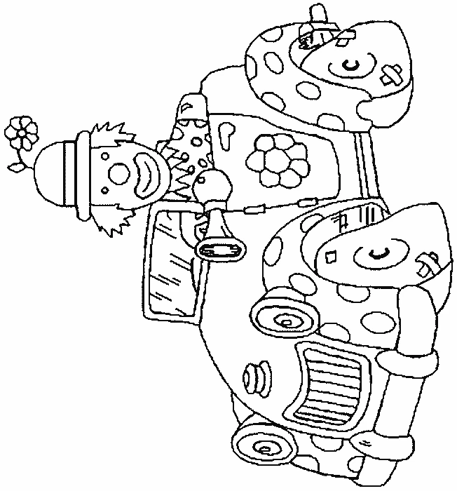 Clown driving a decorated car coloring page