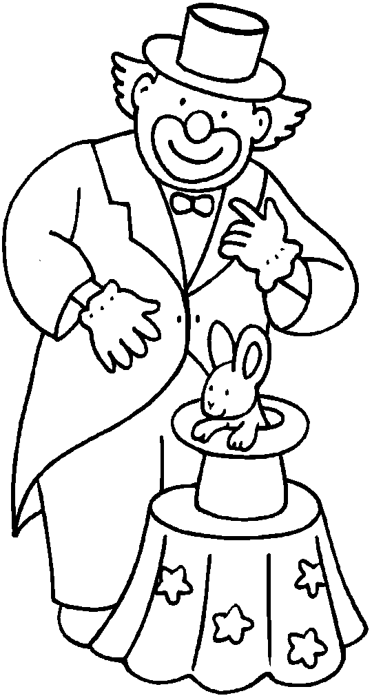 Clown magician pulling a rabbit from a hat coloring page