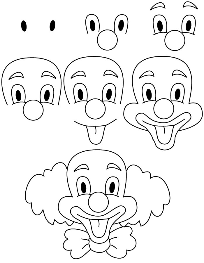 Clown face drawing steps coloring page