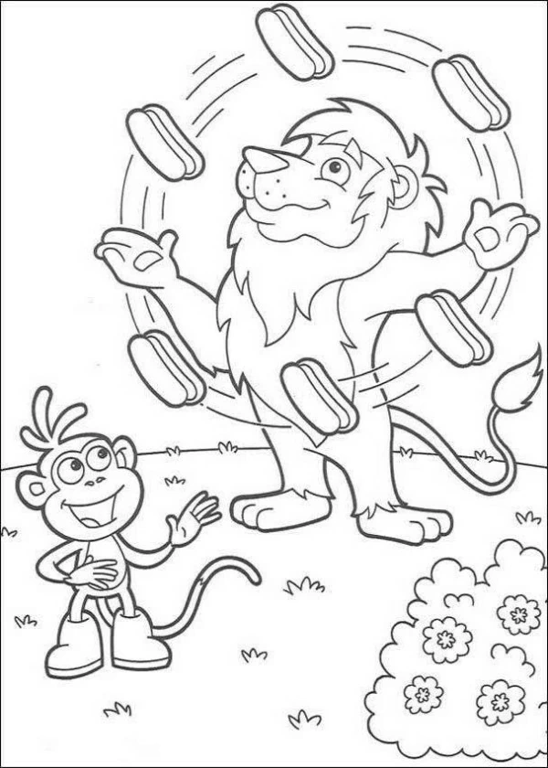 Lion juggler with Boots the monkey coloring page