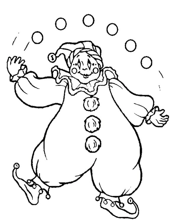 Clown juggling six balls coloring page