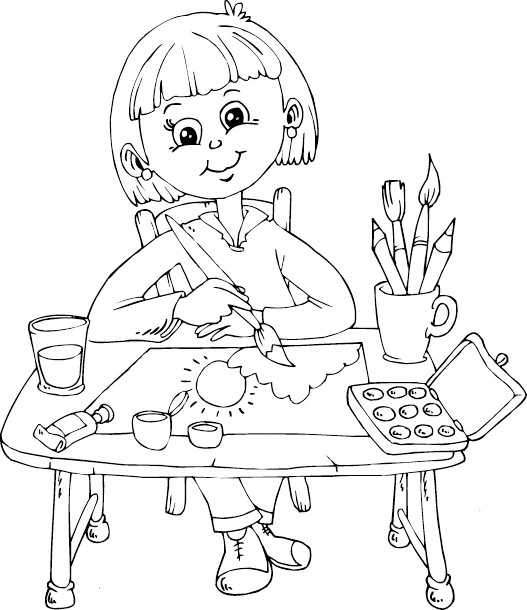 Little painter working at her desk coloring page