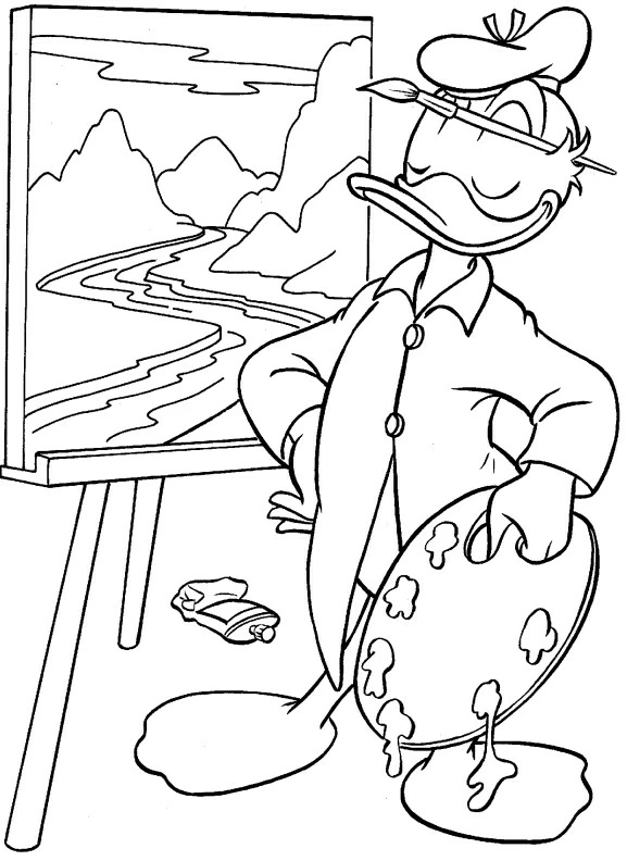 Donald Duck painting a landscape coloring page