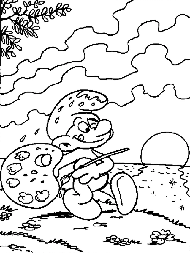 Smurf painter holding a palette and brush coloring page Smurf painter holding a palette and brush coloring page