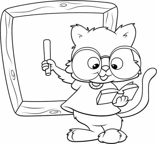Cat teacher pointing at blackboard coloring page