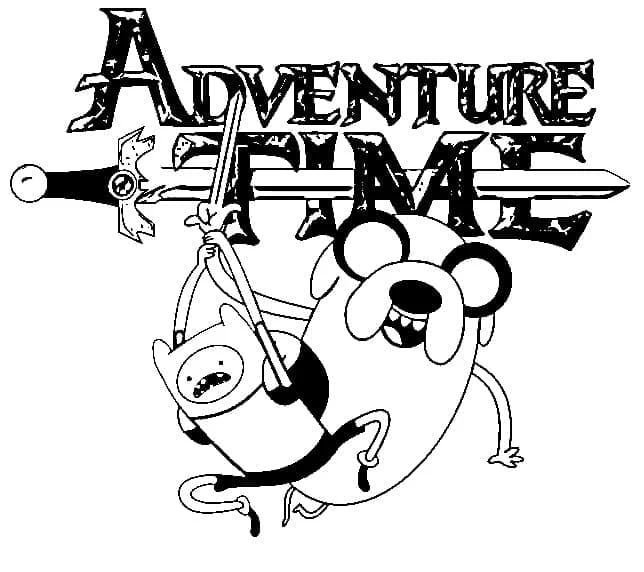 Finn and Jake hanging from a giant sword coloring page