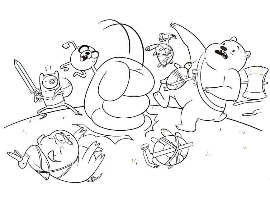 Finn and Jake battle strange creatures coloring page