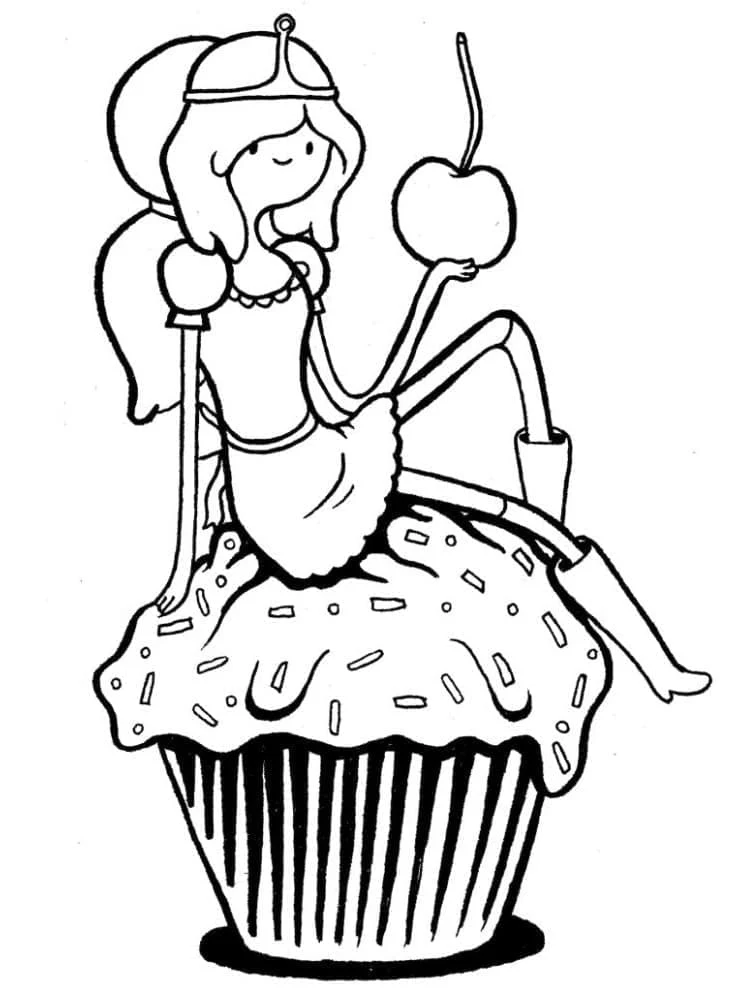 Princess Bubblegum sitting on a cupcake coloring page