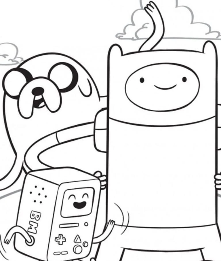 Finn, Jake and BMO standing together coloring page