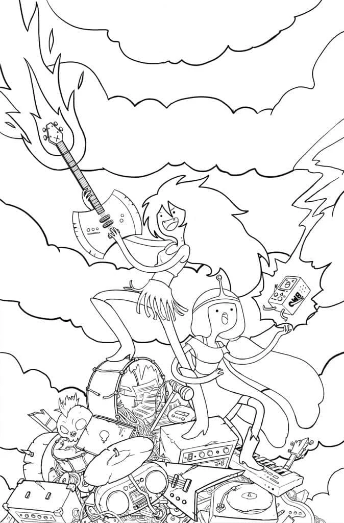 Marceline and Bmo on a pile of instruments coloring page Marceline and Bmo on a pile of instruments coloring page