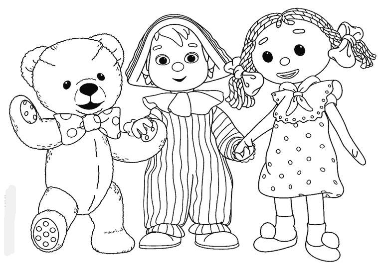 Andy Pandy holding hands with Teddy and Looby Loo coloring page