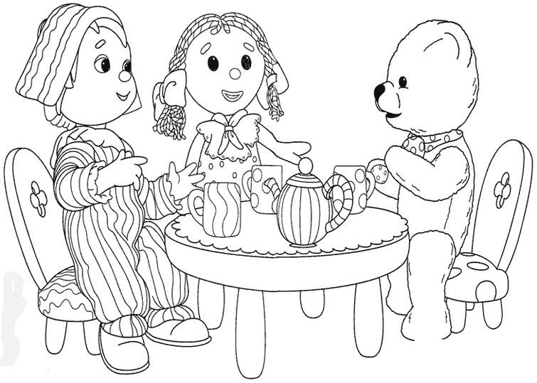 Andy Pandy having tea with Looby Loo and Teddy coloring page