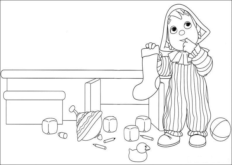 Andy Pandy hanging his stocking by the fireplace coloring page