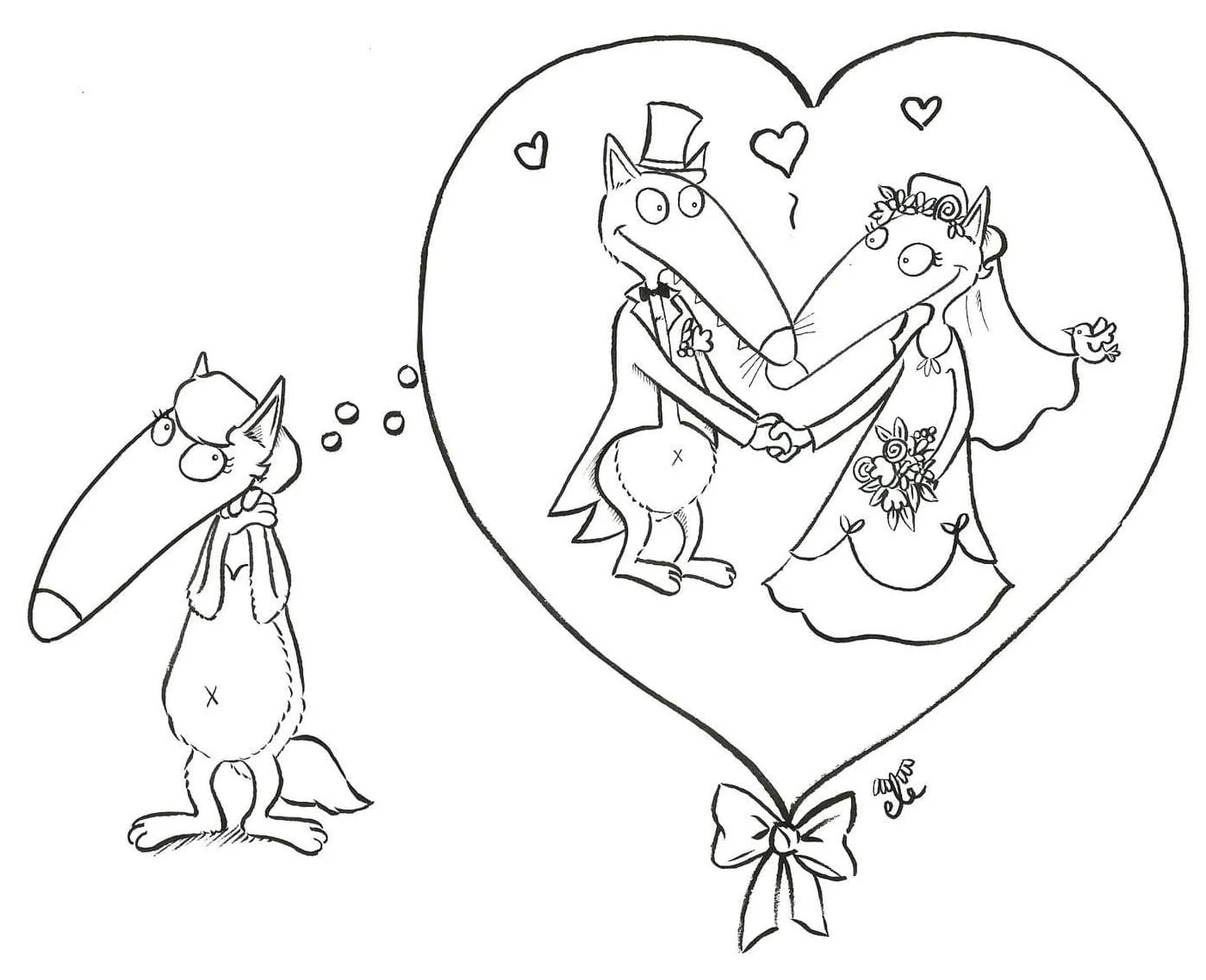 Auzou Wolf dreaming of his wedding coloring page