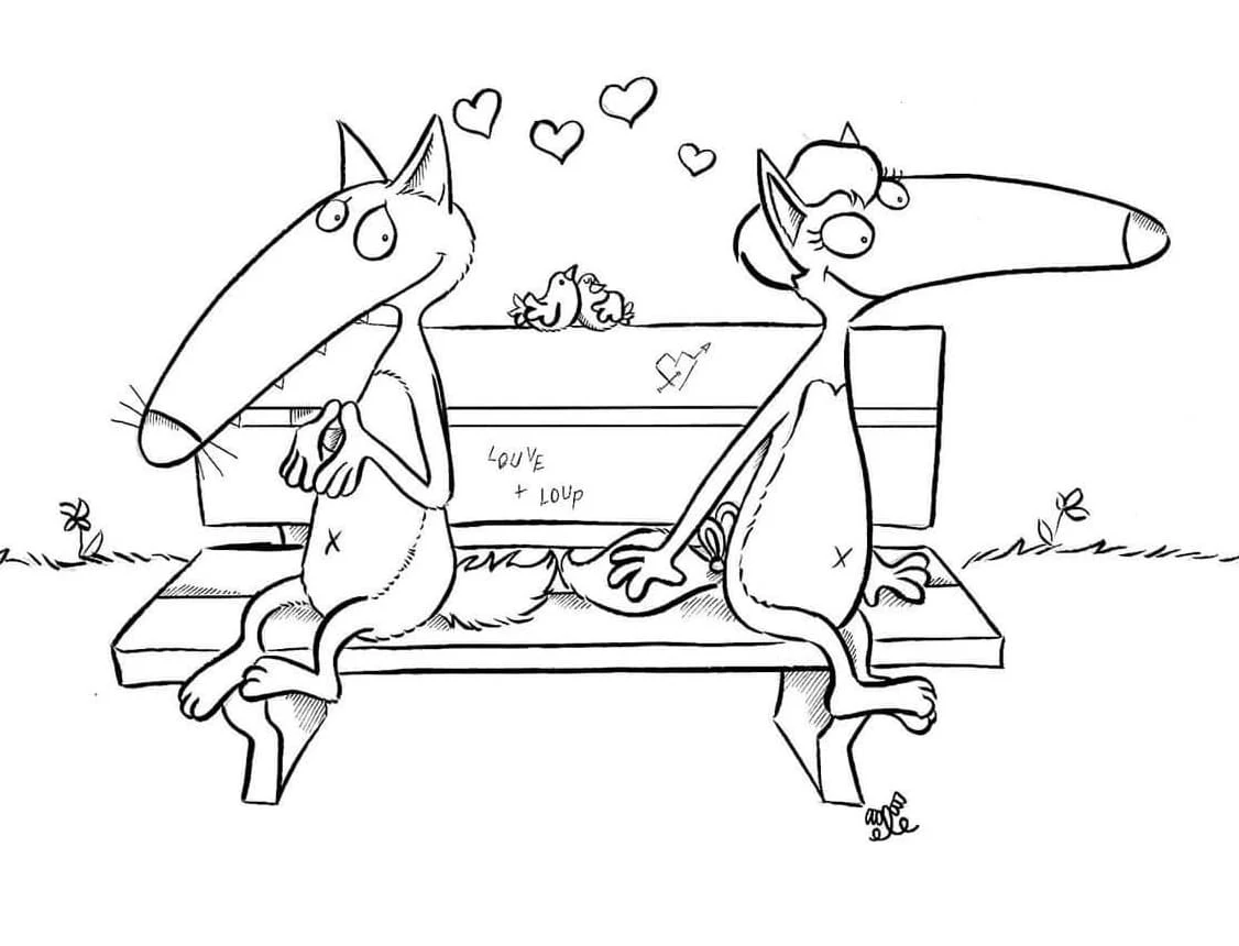 Auzou Wolf sitting on a bench with his love coloring page