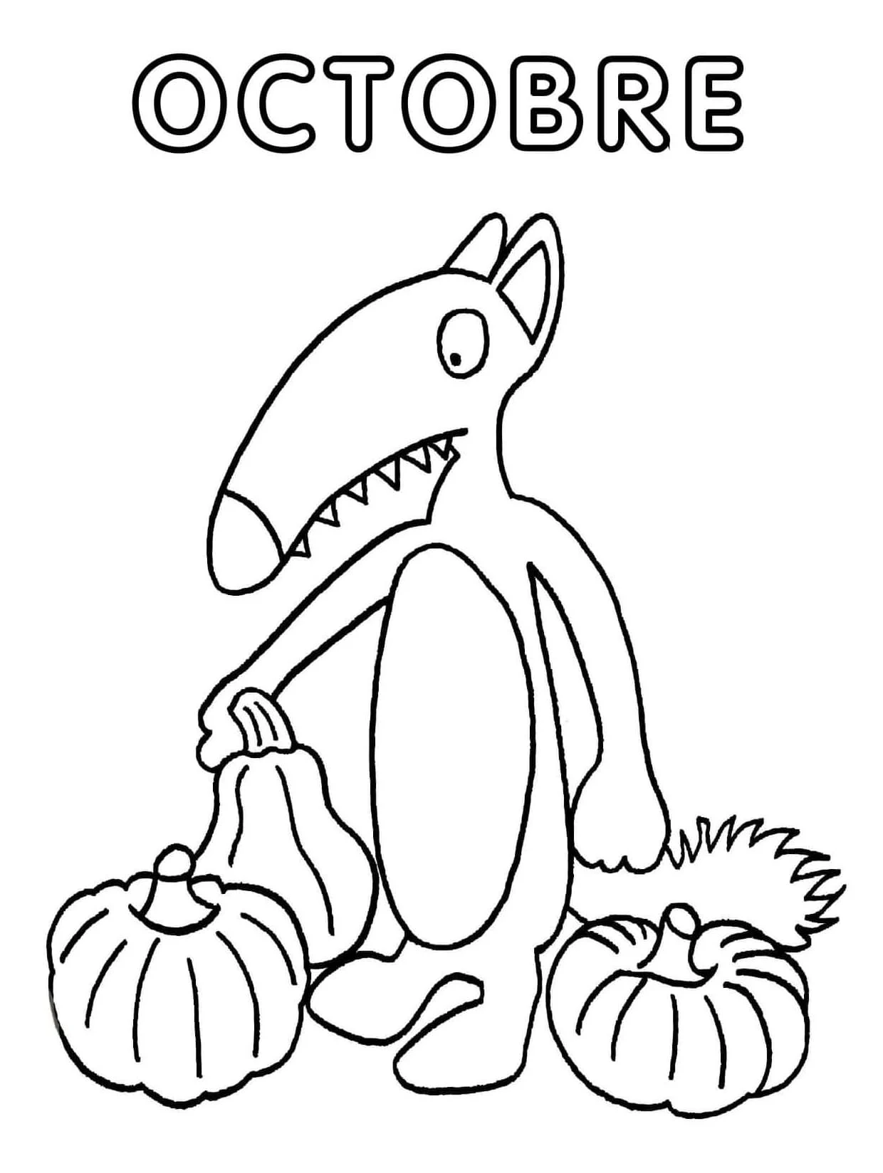 Auzou Wolf holding a pumpkin in October coloring page
