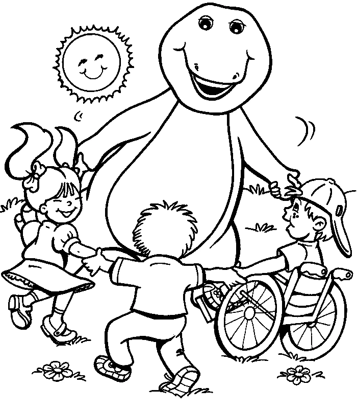 Barney dancing with children under the sun coloring page