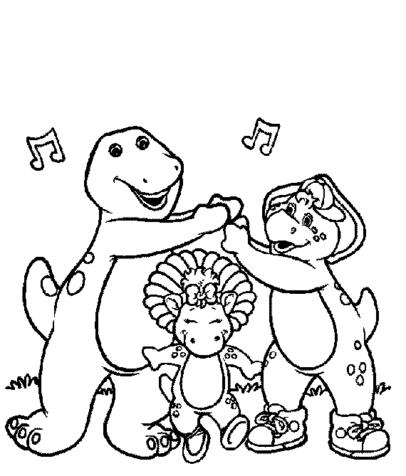 Barney dancing with Baby Bop and BJ coloring page