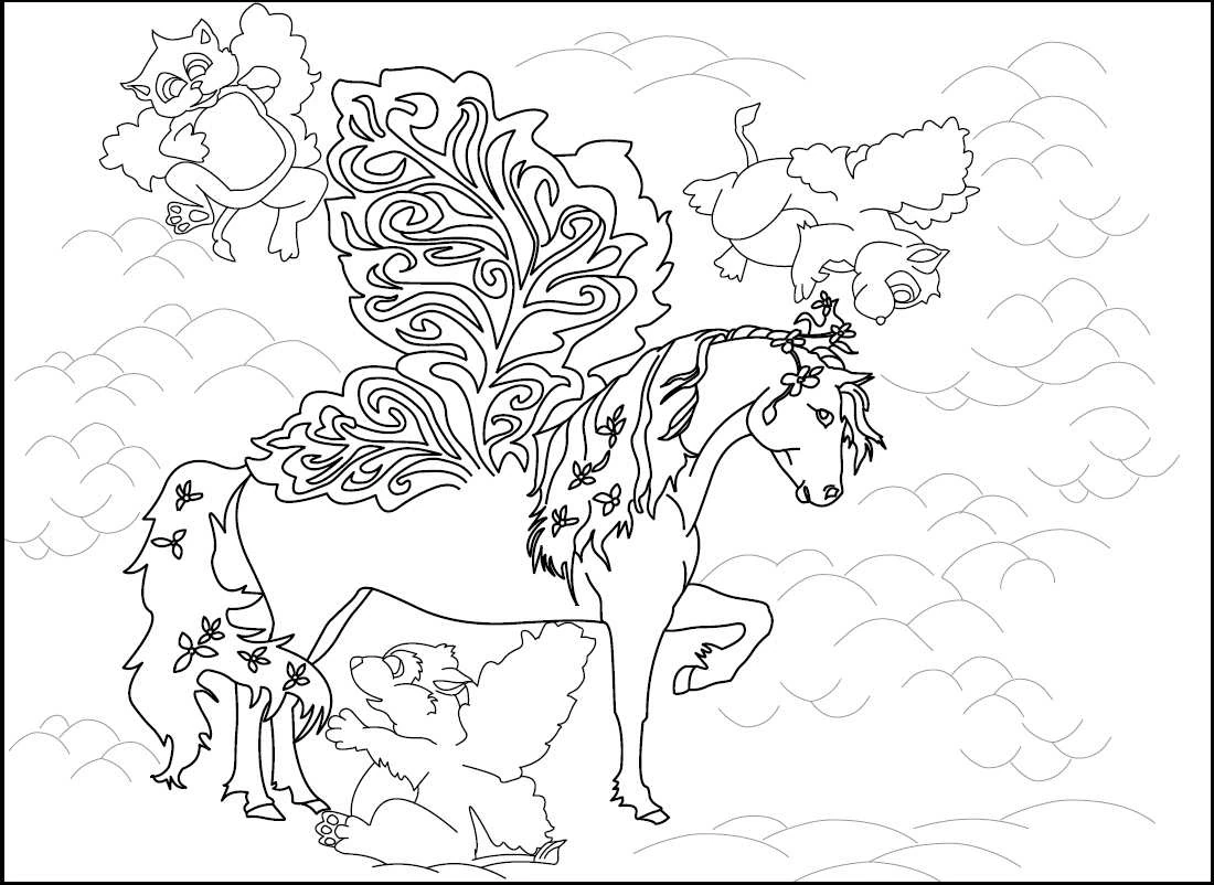 Bella Sara winged horse with flying kittens coloring page