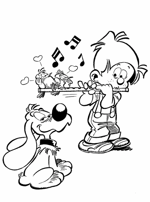 Billy and Buddy playing the flute for two birds coloring page