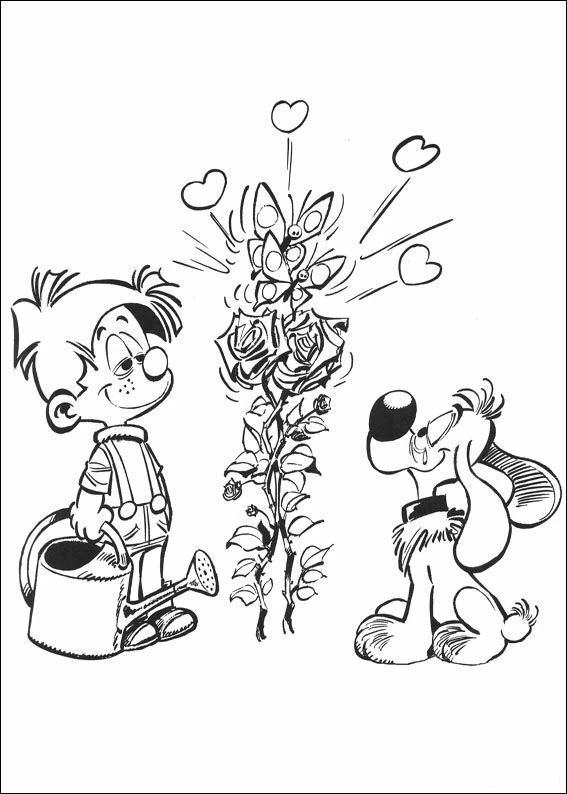 Billy watering roses with Buddy watching coloring page
