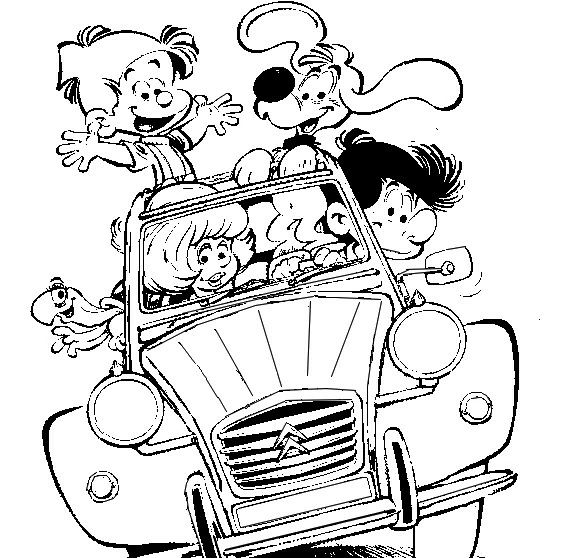 Billy and Buddy family riding in a 2CV coloring page