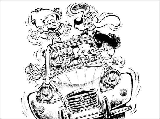 Billy and Buddy riding in a convertible car coloring page